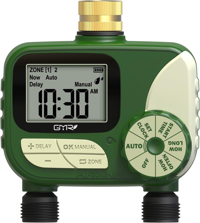 Gmr Hose Timers for Watering, Sprinkler Timer Outdoor with Brass Inlet, Water Timer for Garden Hose with Rain Delay/Manual/Auto Irrigation System, Programmable Garden Hose Timer for Yard, 2 Outlet - Image 1